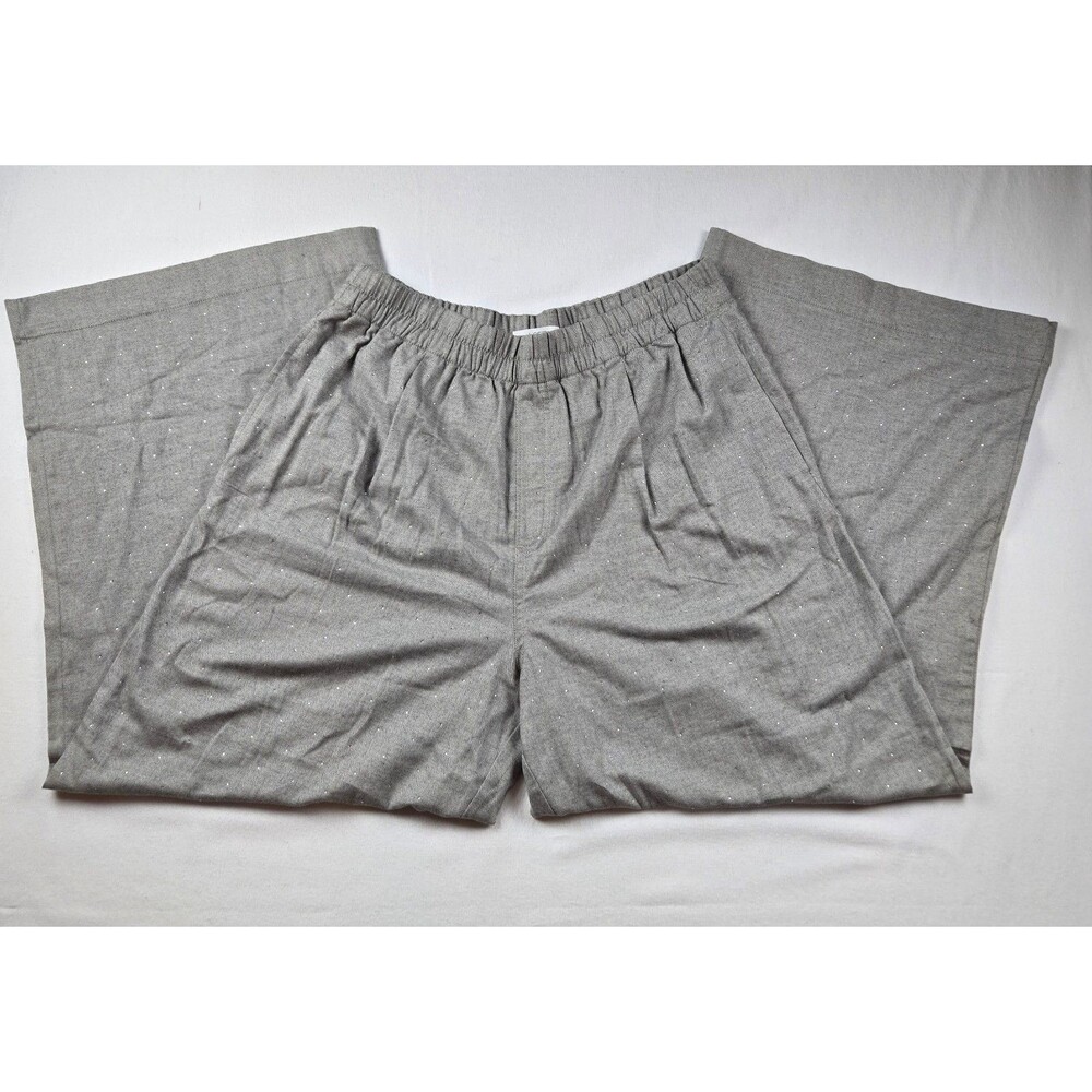 NWT LOFT Womens Large Gray Pleated Pull On Wide Leg Pants Rhinestone Herringbone